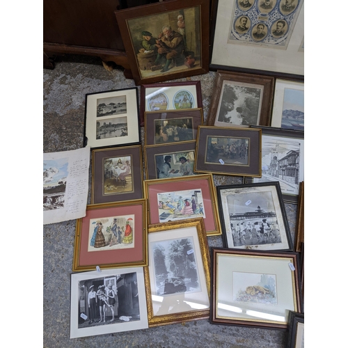 461 - A quantity of framed and glazed pictures to include fashion prints, genre and topographical scenes, ... 