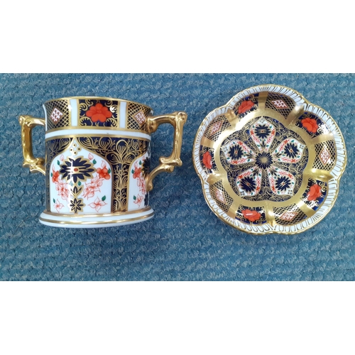 466 - Two pieces of Royal Crown Derby Imari pattern items comprising a pin dish and a small twin handled b... 