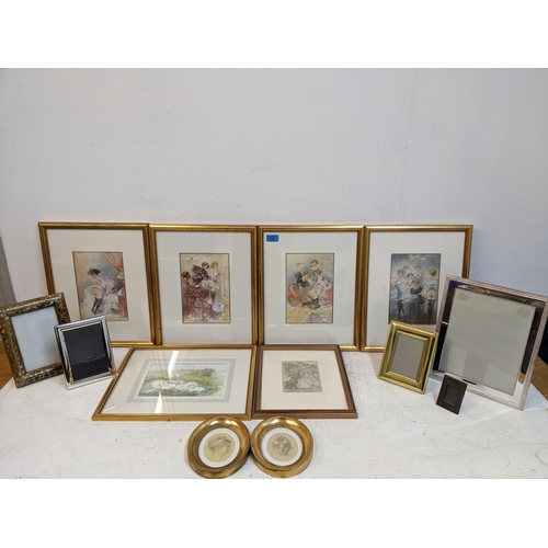 518 - Prints, a watercolour and various photograph frames to include a signed watercolour of a group of sw... 