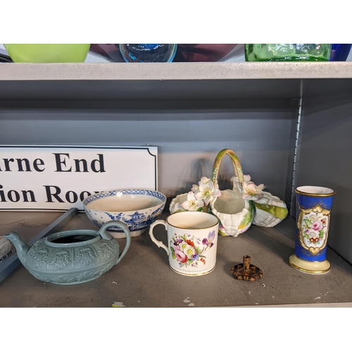 405 - A mixed lot to include 19th century Turnbridge ware miniature chamberstick, a Victorian porcelain ba... 