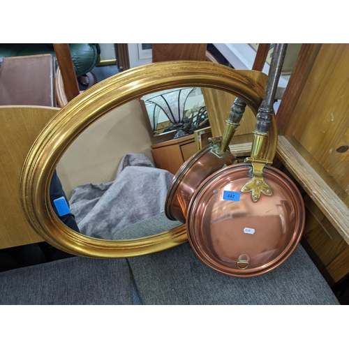 447 - A Victorian copper warming pan, together with a reproduction gilt painted oval wall mirror Location:... 