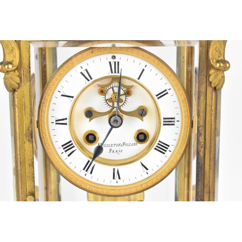 117 - A French 19th century ormolu mounted four glass mantle clock, with central enamel dial with Roman nu... 