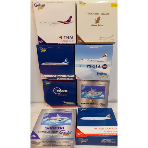 67 - Gemini Jets-A collection of 8 commercial diecast aircraft models, 1:400 scale to include Thai Airlin... 