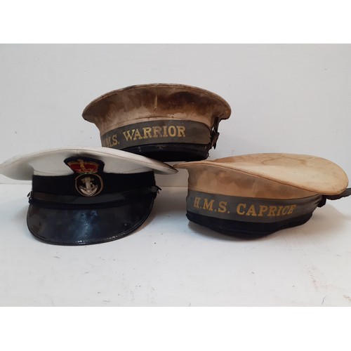 150 - A group of 20th Century services hats to comprising 3 vintage naval caps A/F to include HMS Warrior ... 