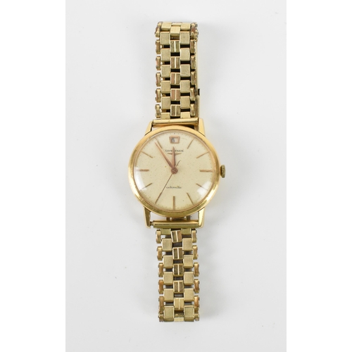 107 - A Longines, automatic, gents, 18ct gold wristwatch, having a silvered dial, centre seconds, gilt bat... 