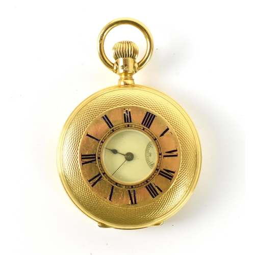 108 - A Waltham Riverside, late 19th century, 18ct gold half hunter fob watch, the engine turned case havi... 