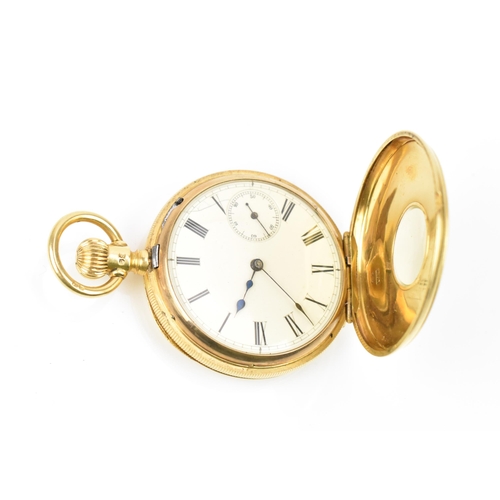 108 - A Waltham Riverside, late 19th century, 18ct gold half hunter fob watch, the engine turned case havi... 