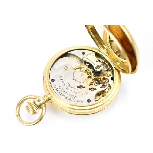 108 - A Waltham Riverside, late 19th century, 18ct gold half hunter fob watch, the engine turned case havi... 