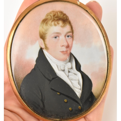 162 - A 19th century portrait miniature on ivory of a gentleman, wearing a white frill cravate and black j... 