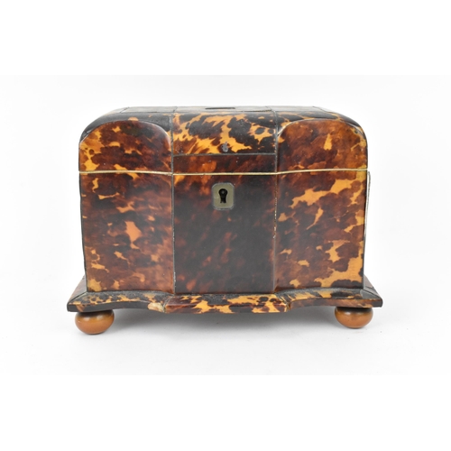 166 - A 19th century tortoiseshell and ivory tea caddy, Regency period, with twin division interior with l... 