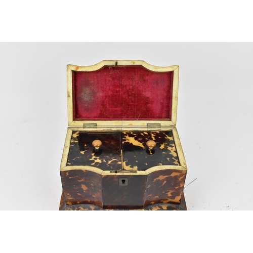 166 - A 19th century tortoiseshell and ivory tea caddy, Regency period, with twin division interior with l... 