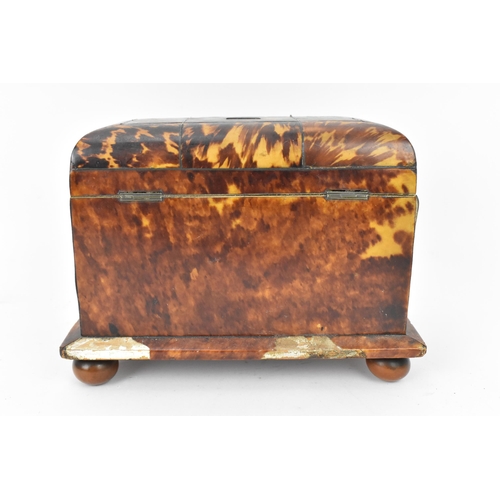 166 - A 19th century tortoiseshell and ivory tea caddy, Regency period, with twin division interior with l... 