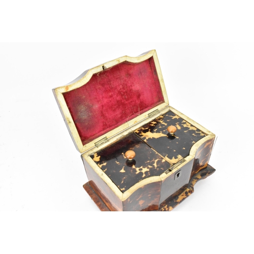 166 - A 19th century tortoiseshell and ivory tea caddy, Regency period, with twin division interior with l... 