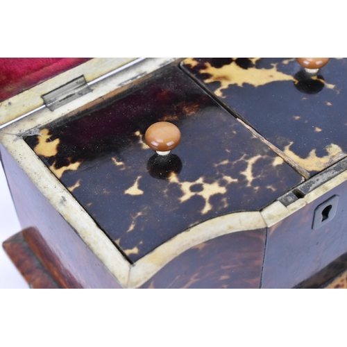 166 - A 19th century tortoiseshell and ivory tea caddy, Regency period, with twin division interior with l... 