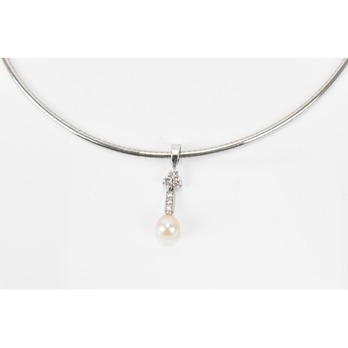 184 - An 18ct white gold, diamond and pearl necklace, the pendant set with three brilliant cut diamonds ab... 