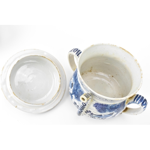 199 - An 18th century British blue and white delft posset pot and cover, London or Bristol, together with ... 