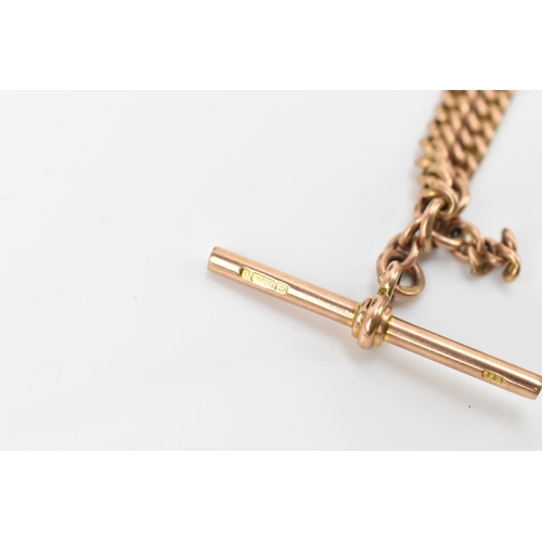 29 - A 9ct gold curb link pocket watch chain having a 9ct T-bar and two dog clip clasps, 37.5cm, 32.7 gra... 