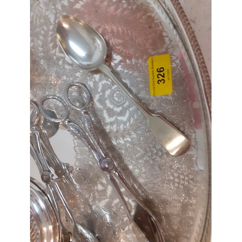 326 - Silver plate to include a tray, a candelabra, servers, and a spoon Location: BWR