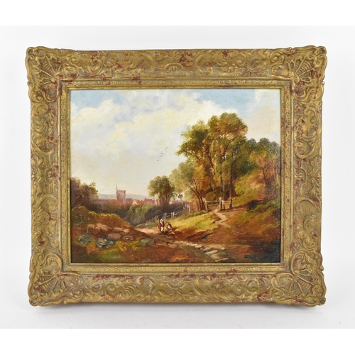 135 - Continental School, 19th century 
depicting a pastoral scene with pedestrians on a stone path by a f... 