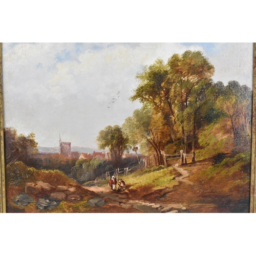 135 - Continental School, 19th century 
depicting a pastoral scene with pedestrians on a stone path by a f... 