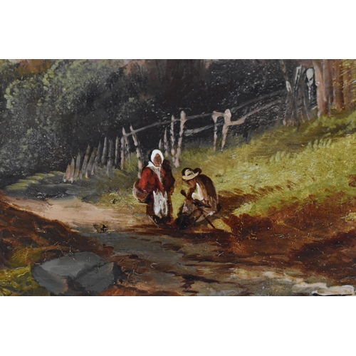 135 - Continental School, 19th century 
depicting a pastoral scene with pedestrians on a stone path by a f... 