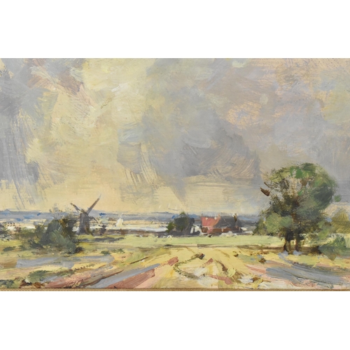 136 - Roy Petley, (b.1950) British 
'A break in the clouds, Norfolk', oil on board, 14 cm x 21  cm, within... 