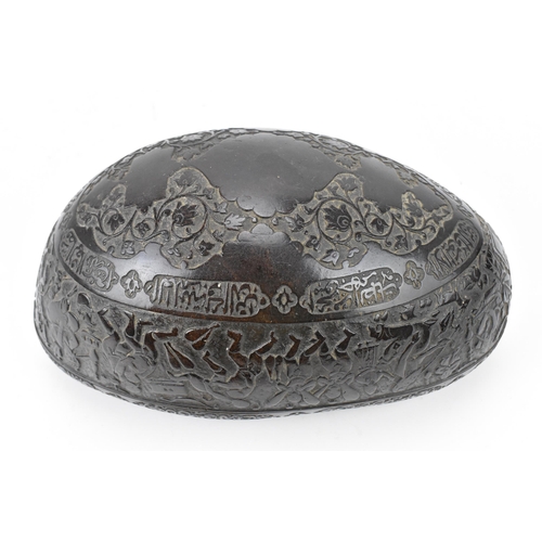 142 - A carved Persian coco de mer Kashkul/begging bowl, 19th century, decorated with Shah Tahmasp and Hum... 