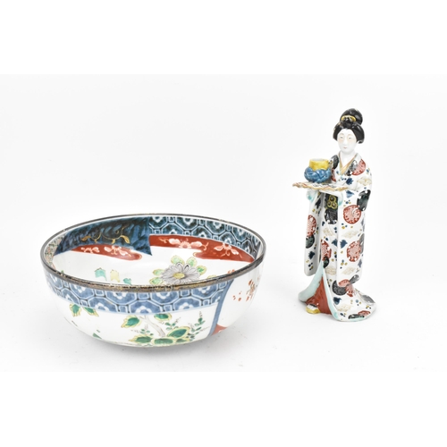 151 - A Japanese Meiji porcelain bowl and model of a bijian, the bowl with English hallmarked silver rim, ... 