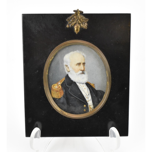 159 - A Victorian portrait miniature on ivory of Captain Welman, circa 1860, within a black painted frame ... 