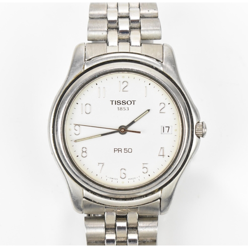 41 - A Tissot PR 50 quartz, gents, stainless steel wristwatch, having a white dial, centre seconds, date ... 