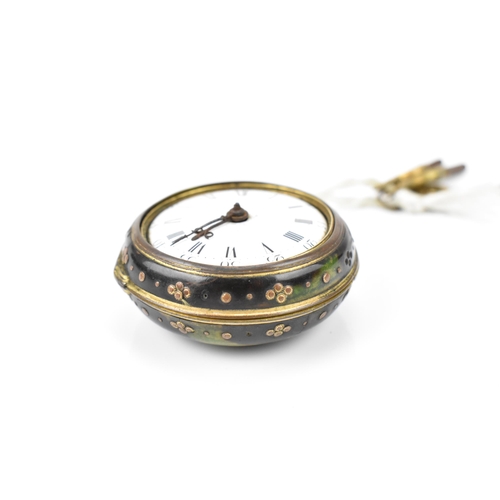 47 - An 18th century tortoiseshell pair cased open face pocket watch, the white enamel dial having Roman ... 