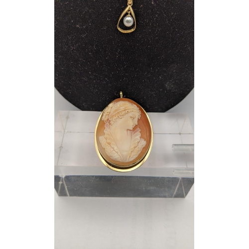 122 - A gold coloured framed cameo brooch, and a 9ct gold necklace and pearl pendant Location: CAB3