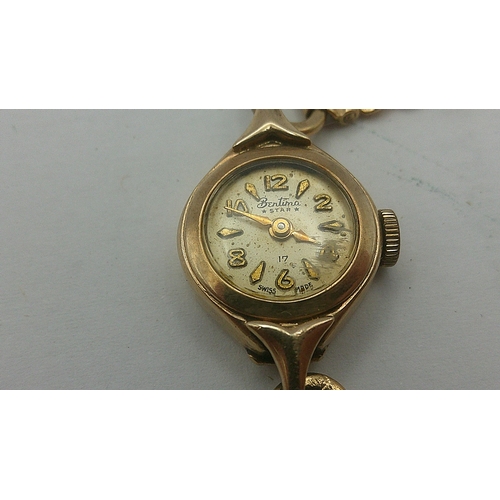 147 - A Bentima Star gold cased ladies wristwatch on a 9ct gold strap faced with an Arabic dial (7.3g)
Loc... 