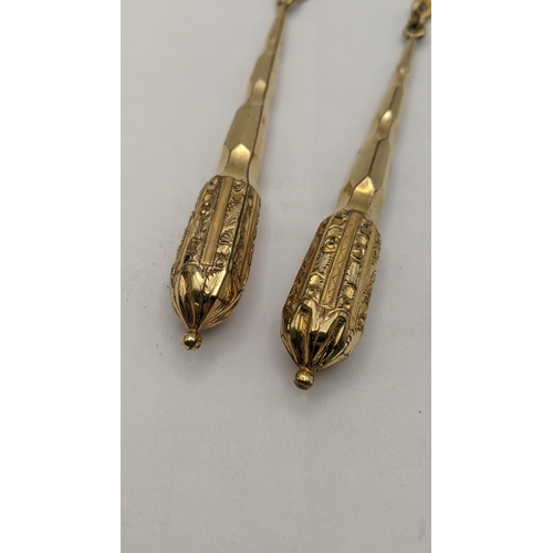 158 - A pair of gold plated drop earrings having an engraved detail to the bottom
Location:CAB6