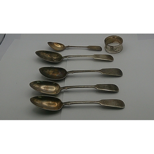 54 - Four fiddle pattern Exeter 1860 dessert spoons together with a silver napkin ring, a teaspoon, total... 