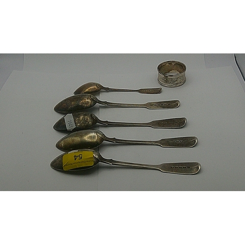 54 - Four fiddle pattern Exeter 1860 dessert spoons together with a silver napkin ring, a teaspoon, total... 