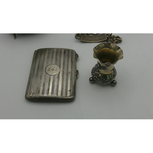 62 - Silver and silver coloured metal to include two bracelets, a miniature vase, a cigarette case and ot... 