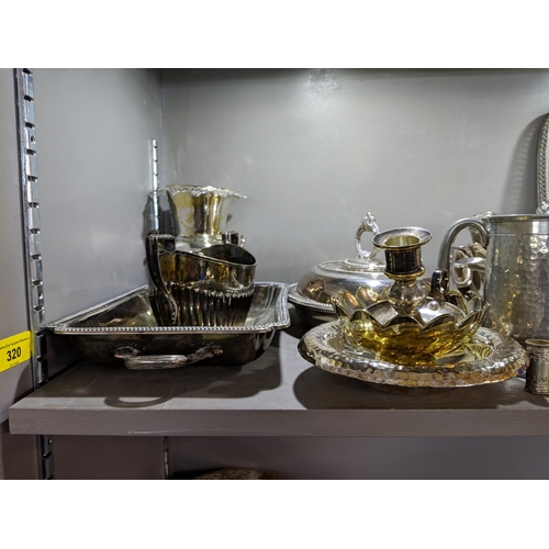 320 - Mixed silverplate to include tankards, a twin handled dish, serving dishes, a tray, a coffee pot and... 