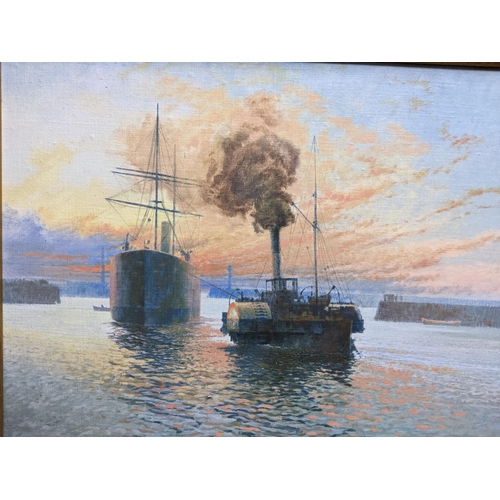 279 - John Chamberlain - Carols at the Minster /Peddle steamer in harbour at sunset, two oil painting on b... 