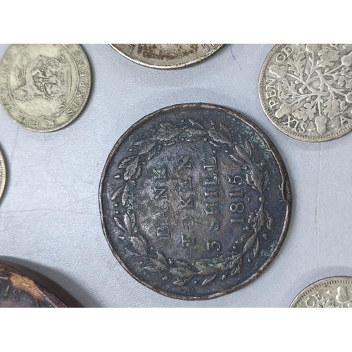 384 - Mixed coins of interest to include 1815 Bank token 3 Shilling, Maundy coinage, George III, 1795 penn... 