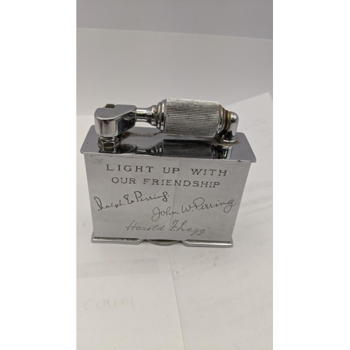 393 - A McMurdo Chrome lighter engraved light up with our Friendship Ralph Perring, John Perring and Harol... 