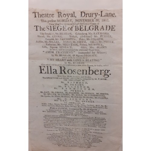 103 - An 1807 advertisement for The Theatre Royal, Drury Lane for 'The Siege of Belgrade' together with a ... 