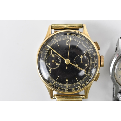 14 - A 1950s Princeps, chronograph, manual wind, gents 18ct gold wristwatch, having a black dial with cen... 