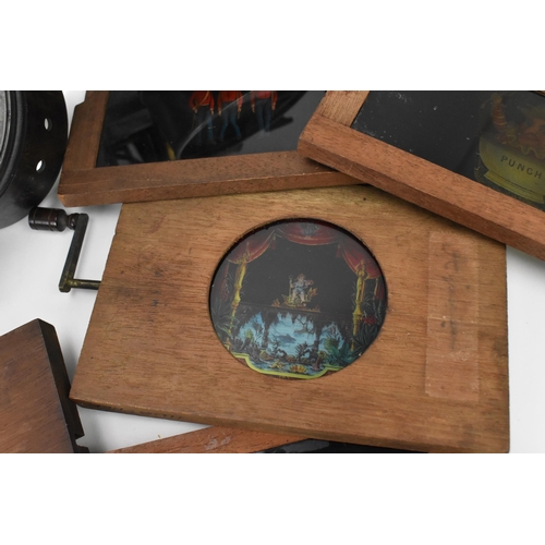 205 - A collection of mechanical and sliding magic lantern slides, of various subjects such as jester danc... 