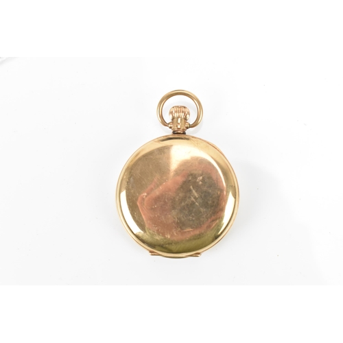 31 - An early 20th century, 9ct gold, keyless would, open faced pocket watch, the white enamel dial signe... 