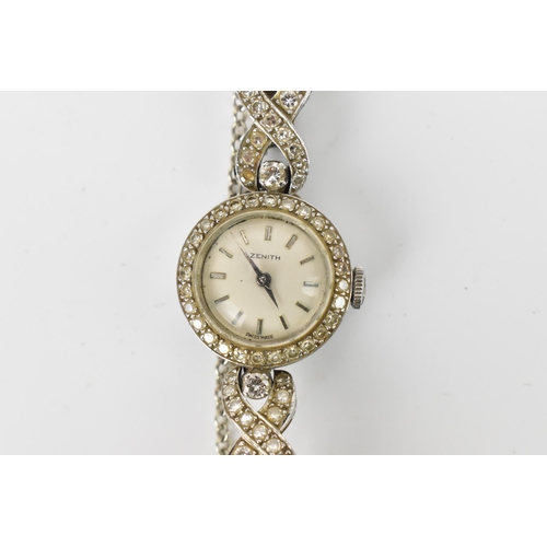 4 - A Zenith, manual wind, ladies, 9ct white gold, vintage cocktail wristwatch, having a silvered dial, ... 