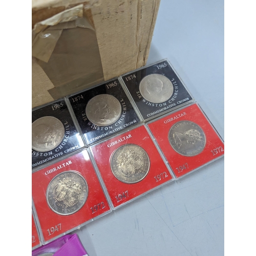 486 - A quantity of British commemorative crowns to include 1965 Churchill coins and 1972 Gibraltar silver... 