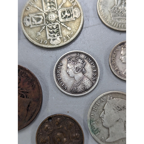 511 - Mixed coins of interest to include Victorian Colonial 1877 1/4 rupee, 1887 Hong Kong 10-cents, 1886 ... 