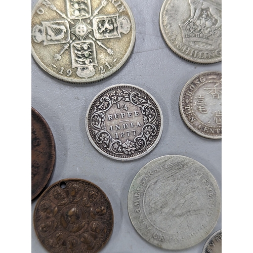 511 - Mixed coins of interest to include Victorian Colonial 1877 1/4 rupee, 1887 Hong Kong 10-cents, 1886 ... 