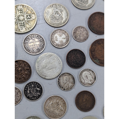 511 - Mixed coins of interest to include Victorian Colonial 1877 1/4 rupee, 1887 Hong Kong 10-cents, 1886 ... 